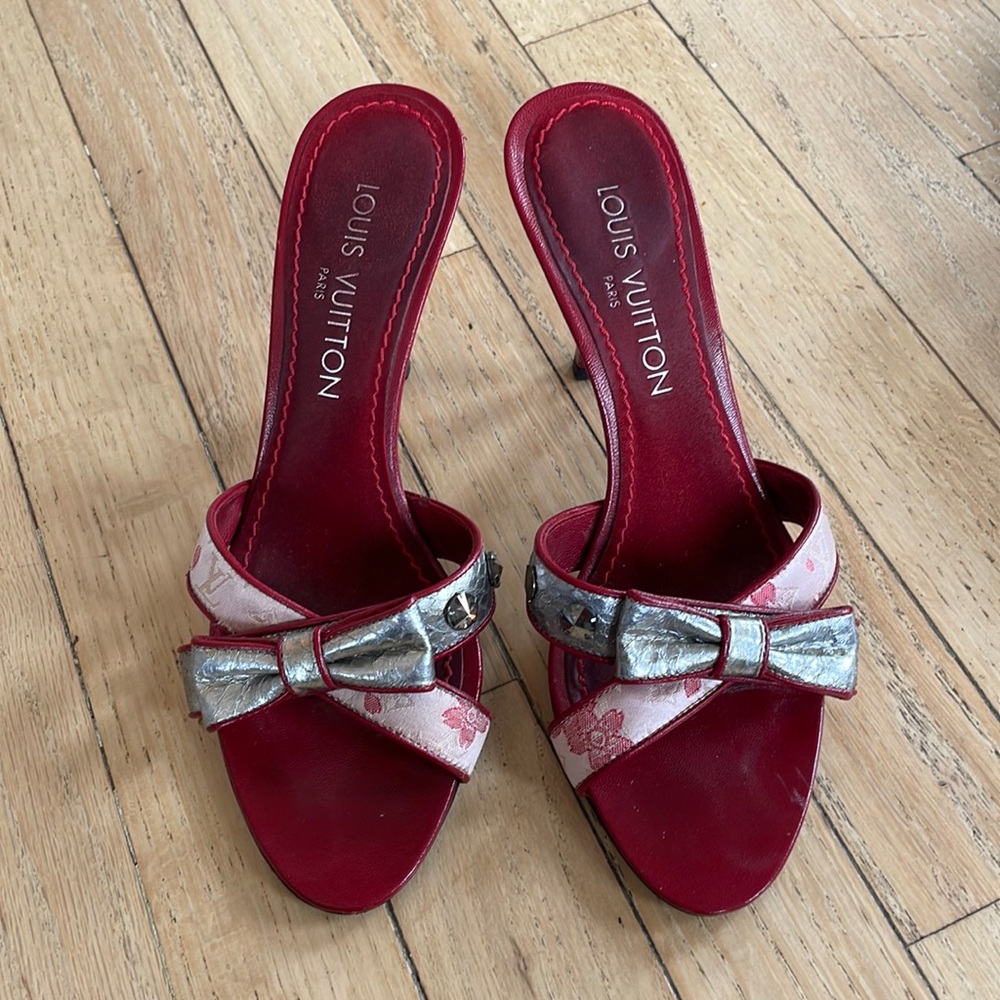 Louis Vuitton Red and Silver Bow Slide Sandals
